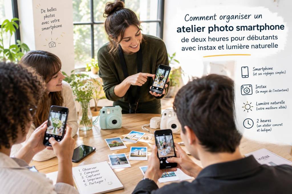 Comment organiser un atelier photo smartphone de deux heures pour débutants avec instax et lumière naturelle